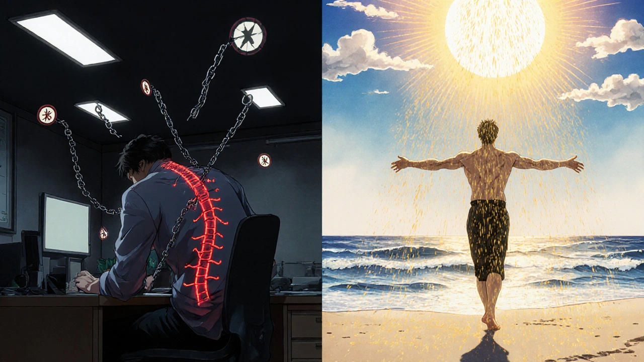 A man transitions from office pain to sunlit healing, with chains dissolving into golden dust on a beach.