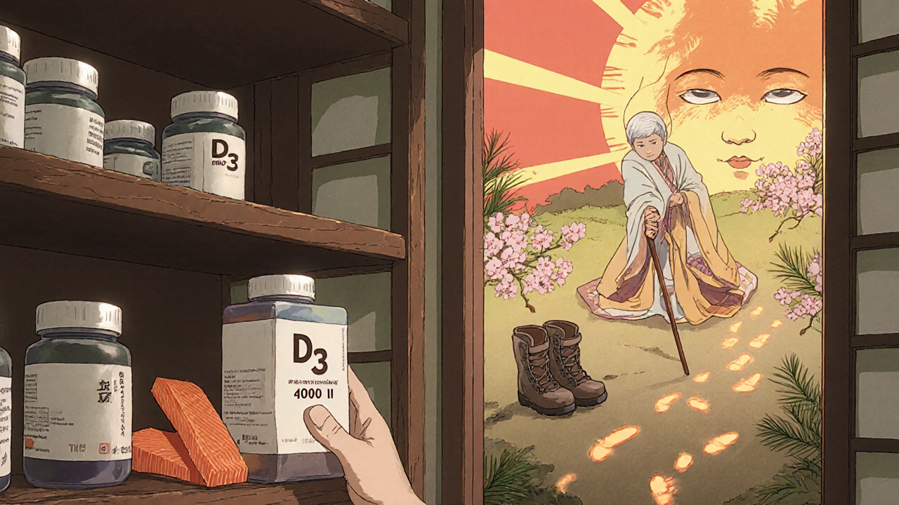 An elderly woman takes vitamin D3 as a sun deity watches, with hiking boots nearby and cherry blossoms falling.