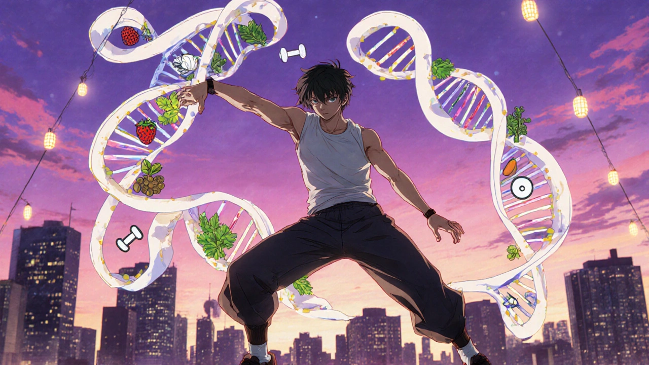 Active individual on a rooftop at sunset, DNA ribbons weave through icons of healthy food and exercise.