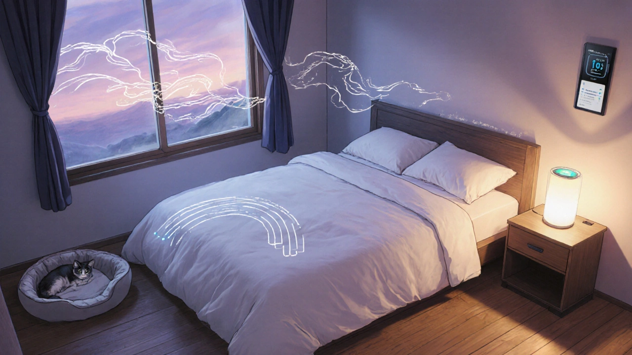 Calm bedroom with air purifier, allergen-proof bedding, and a cat, showing clean air.
