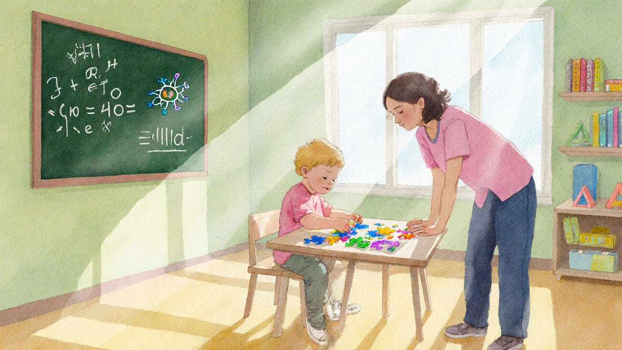 Child doing puzzle with therapist in bright playroom, sunlight, pastel colors.