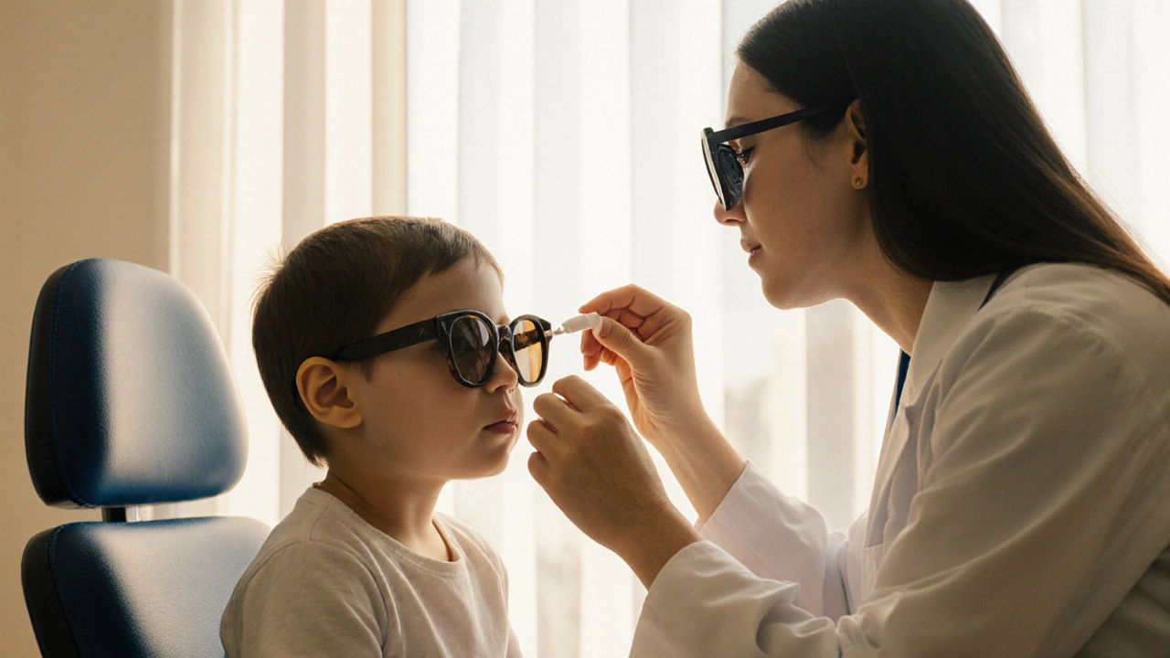 Clinician counseling a child wearing sunglasses after eye dilation, highlighting safety.