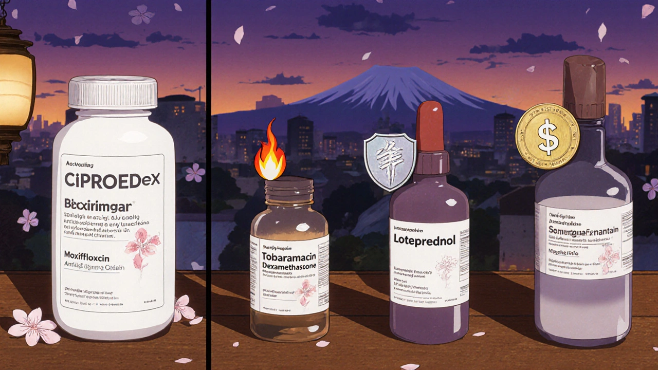 Comparison of Ciprodex bottle with three alternative eye drop bottles on a stylized background.