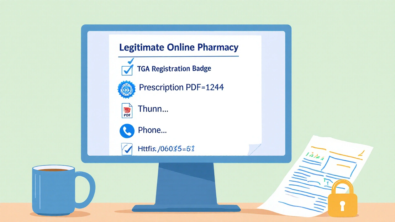 Computer screen showing a checklist for verifying a legitimate online pharmacy, including TGA badge and prescription.