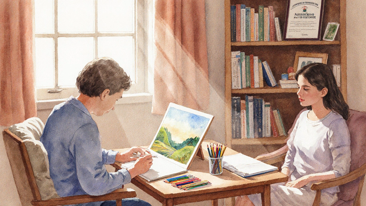 Cozy home corner with sketchbooks and a supportive family member encouraging art therapy.