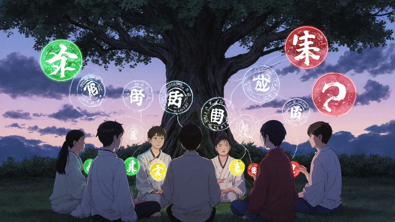 Diverse patients holding risk-level tokens under a maple tree, holographic life paths glowing in the sky.