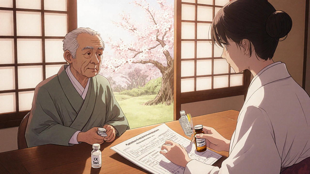 Doctor consulting elderly patient, showing tamsulosin bottle and CK test vial in a warm office.