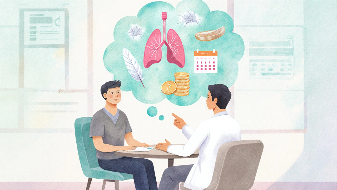 Doctor consulting patient with thoughtâbubble showing lungs, cost, and sideâeffects.
