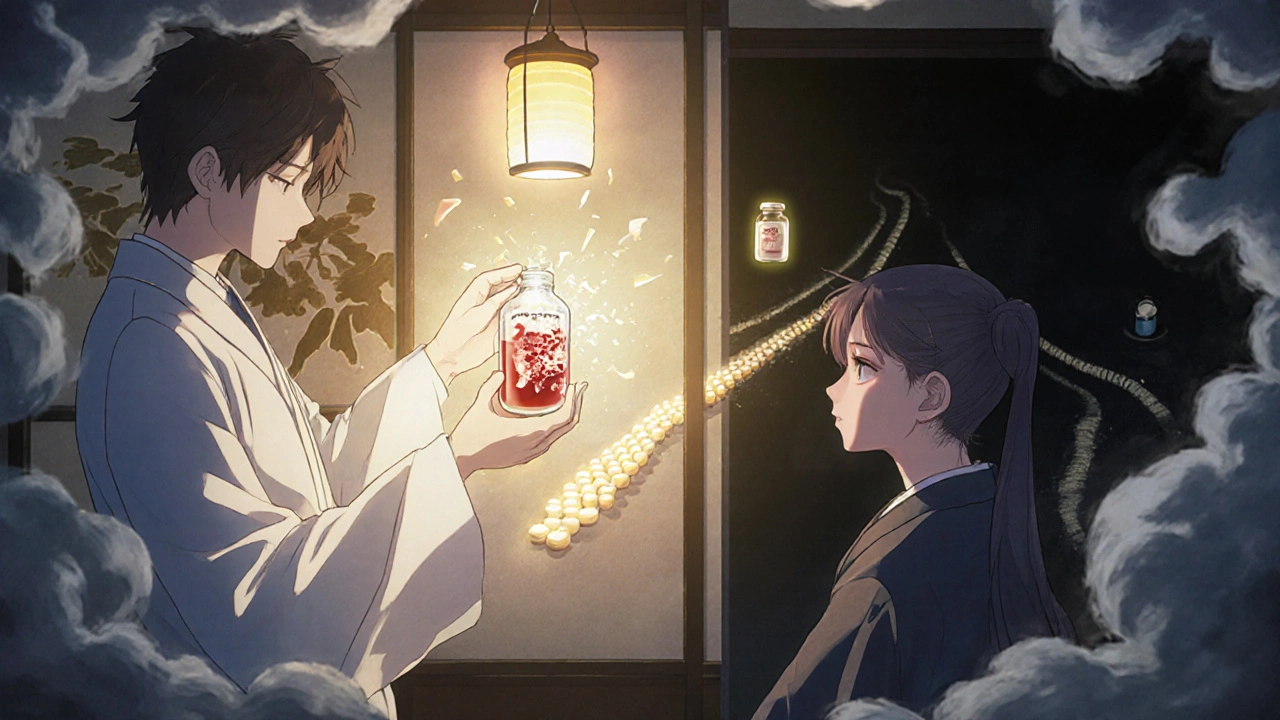 Doctor examining blood under lantern as G6PD enzyme shatters, with primaquine and tafenoquine paths diverging.