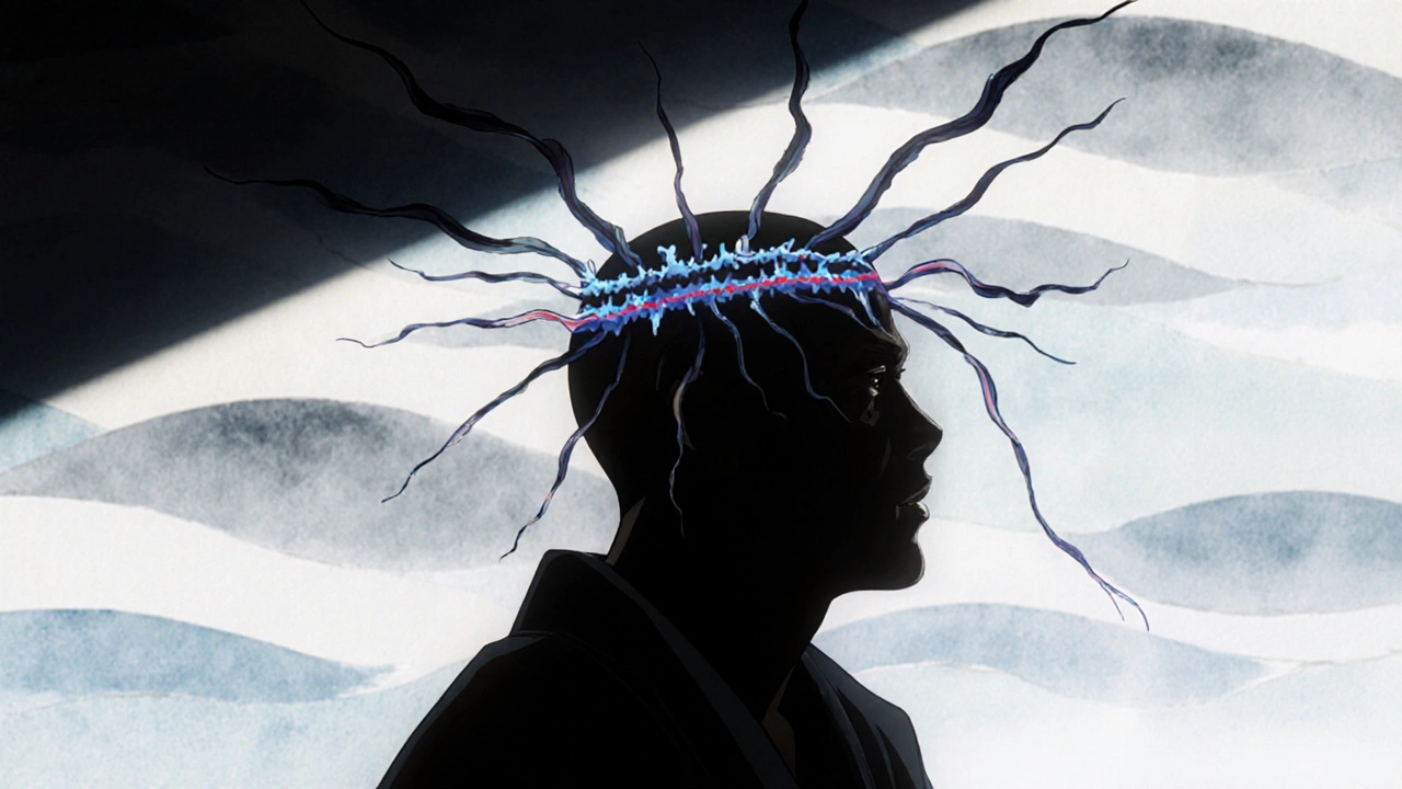Figure standing quickly with a throbbing forehead illustration and reduced brain blood flow.