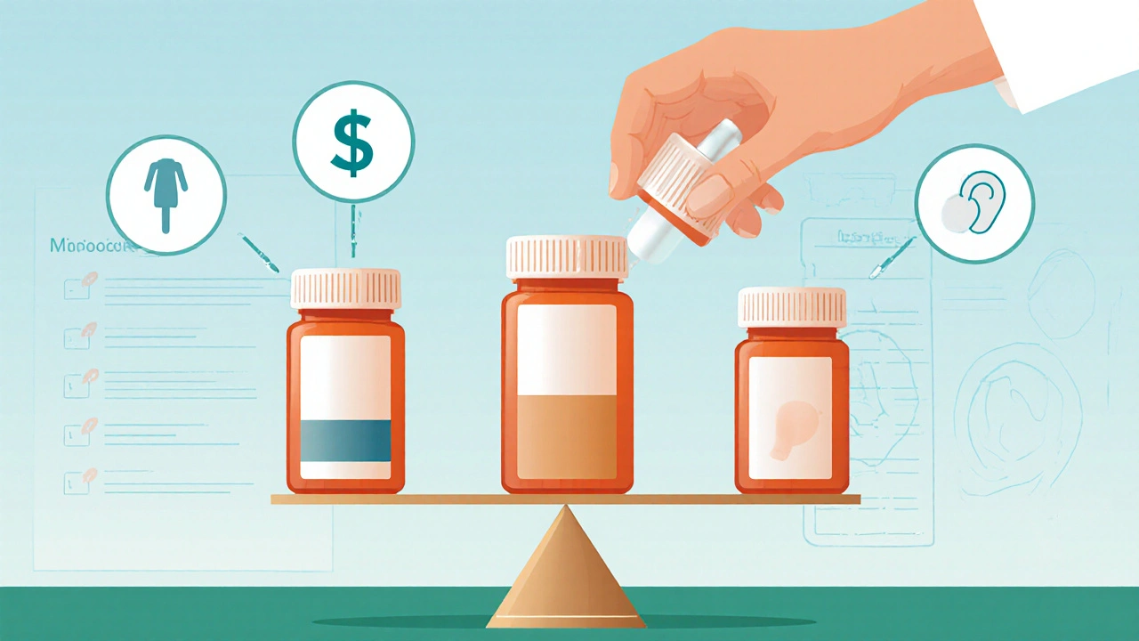 Flat design of pill bottles on a scale showing cost, pregnancy safety, and side‑effects with a hand swapping them.