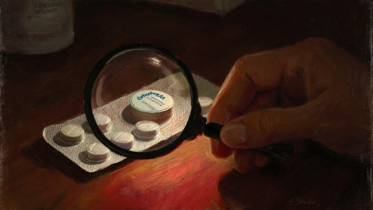 Hand examining a medicine blister pack with a magnifying glass, highlighting a suspect pill.