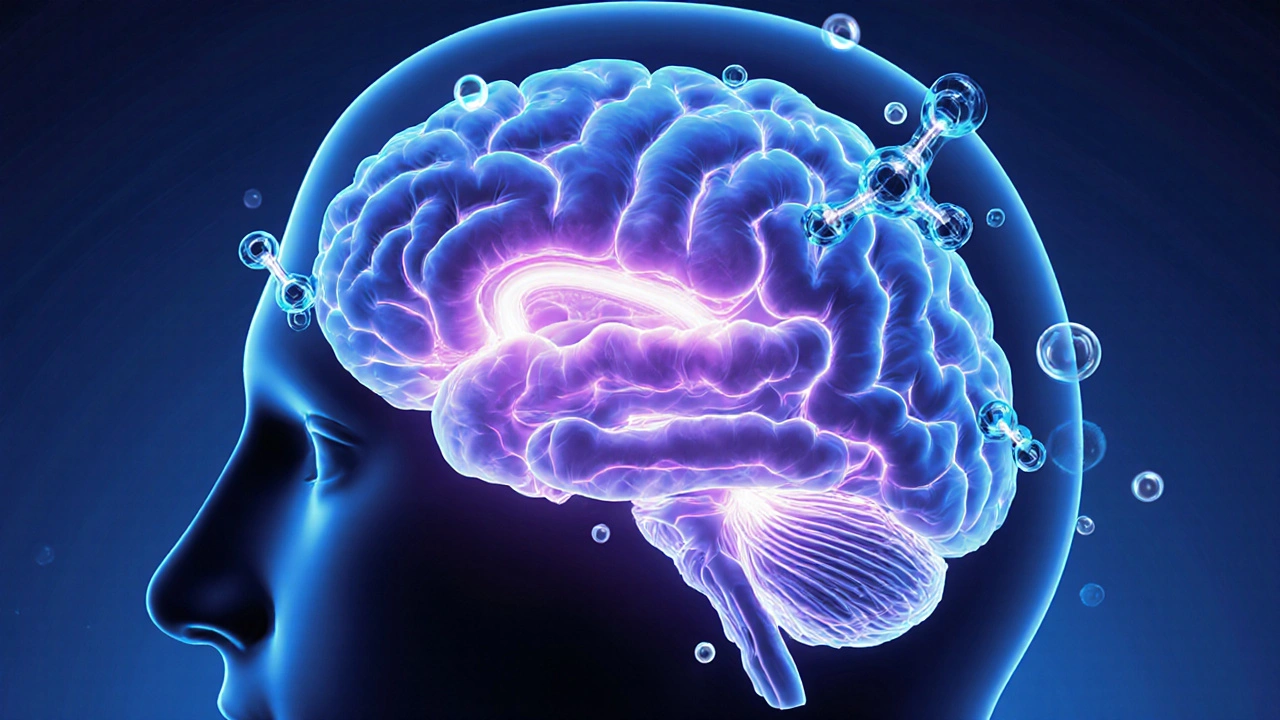 Illustrated brain with glowing pathways showing armodafinil molecules binding to dopamine transporters.