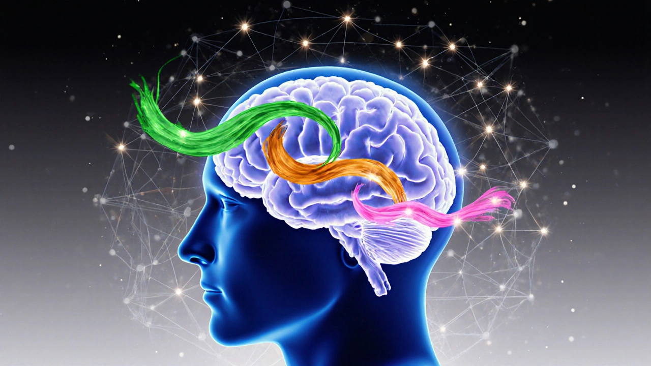 Illustrated brain with highlighted regions connected by colorful paintbrush strokes showing neuroplasticity.