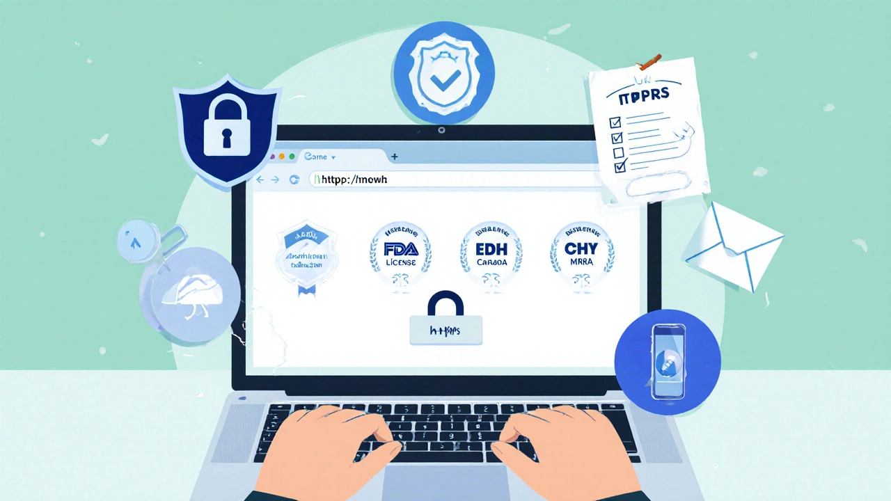 Illustration of a laptop screen showing secure website icons and medication ordering checklist.