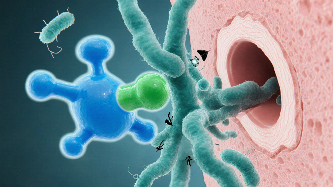 Illustration of minocycline binding to bacterial ribosome and reducing acne bacteria in skin pore.
