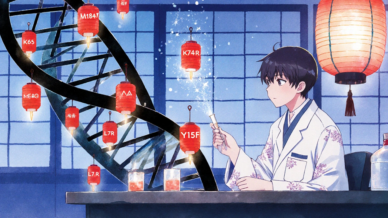 Lab researcher examining a DNA helix marked by glowing mutation lanterns in a ukiyo‑e anime style.