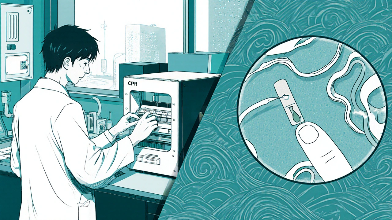 Lab technician operating PCR machine with a fingertip blood sample, ukiyo-e anime style.