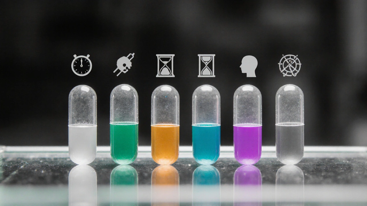 Laboratory bench displaying five capsules with icons for onset, duration, and side effects.