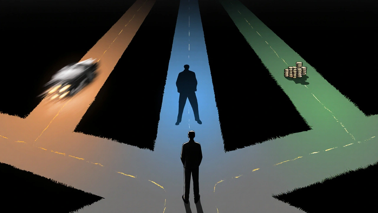 Man at a three‑way crossroads, each path highlighted for speed, duration, or cost.