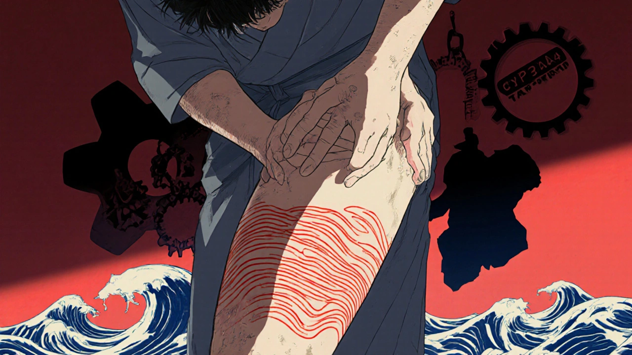 Man clutching his thigh as red waves show muscle pain and gear icons represent drug interaction.