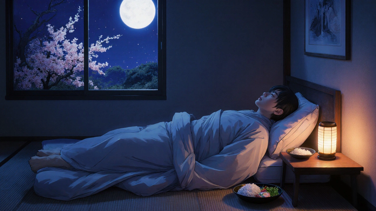 Night bedroom scene with elevated futon, small meals, and moonlit garden.