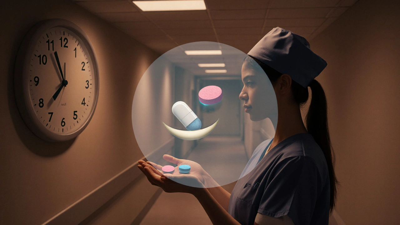 Night‑shift worker holding three different pills, with a subtle scale overlay, under soft hallway lighting.
