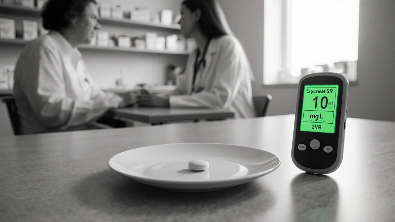 Patient and doctor at a table, Glycomet SR pill beside stable glucose monitor.