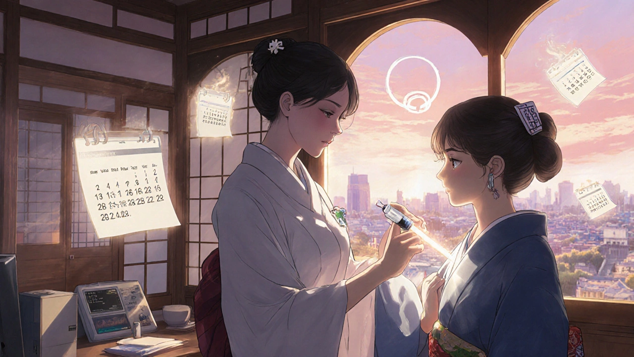 Patient receiving a glowing injectable NRTI in a futuristic ukiyo‑e anime clinic.