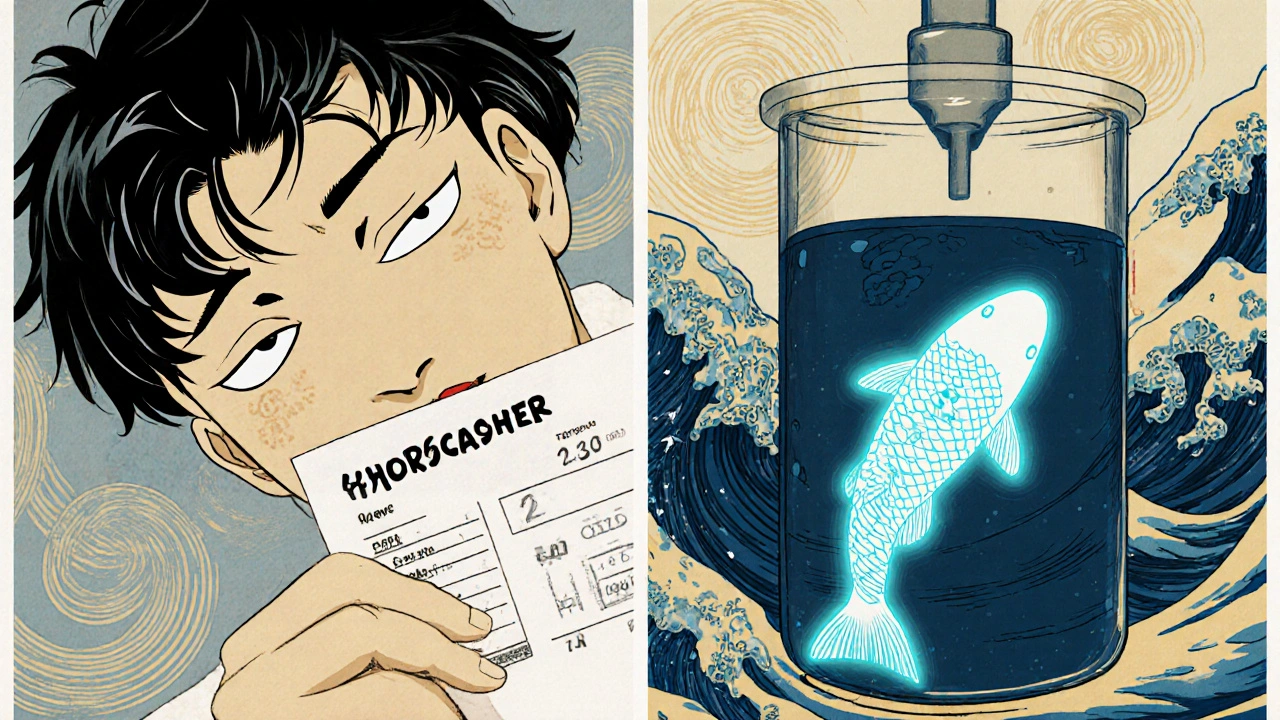 Patient seeing negative hydrocodone test while a fentanyl molecule glows like a ghostly fish in the sample.