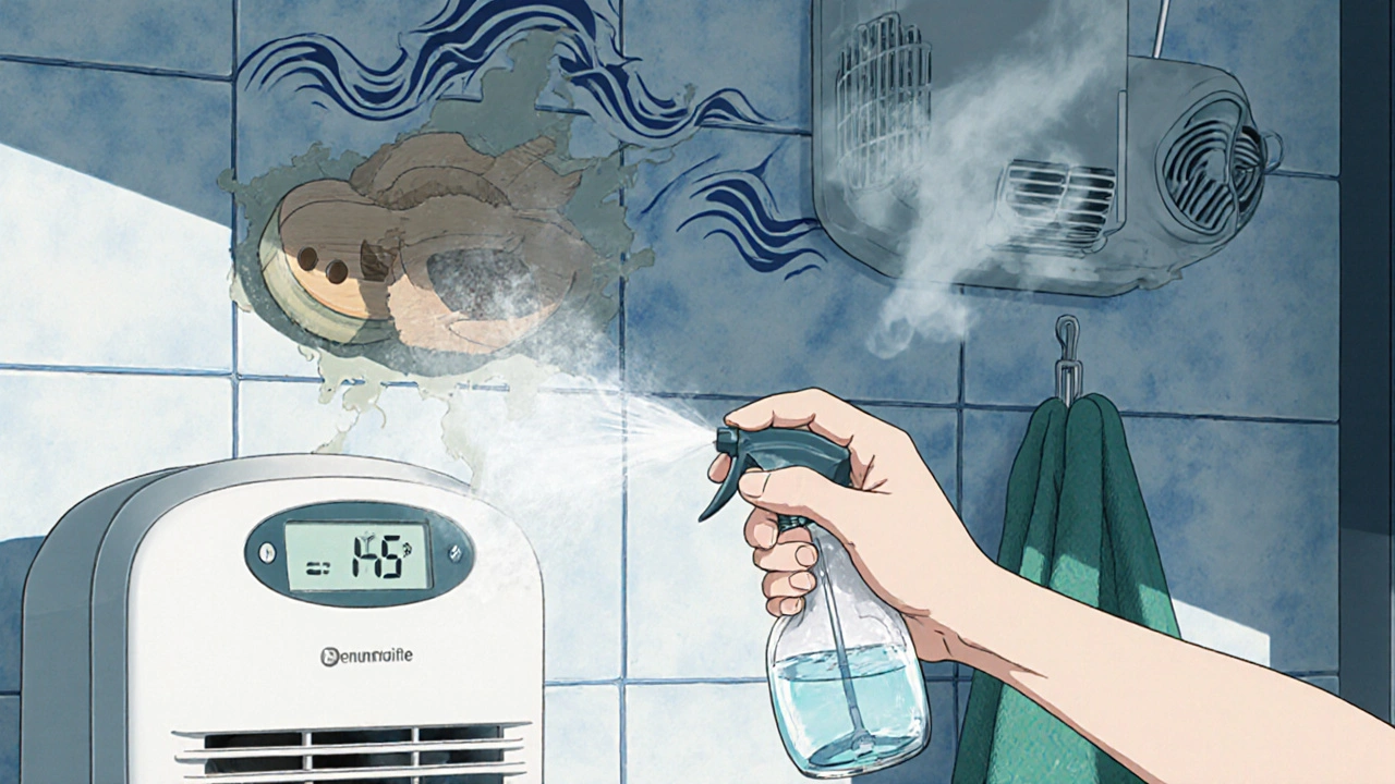 Person cleans bathroom mold while monitoring humidity with a hygrometer and dehumidifier.