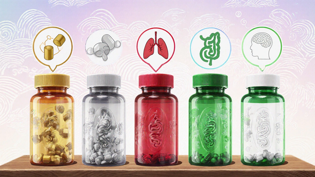 Row of colored pill bottles with symbolic icons for different steroid alternatives.