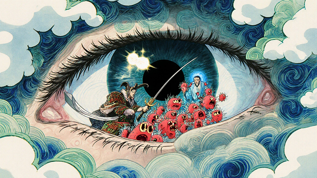Samurai ciprofloxacin and shaman dexamethasone fighting red bacteria inside an eye.