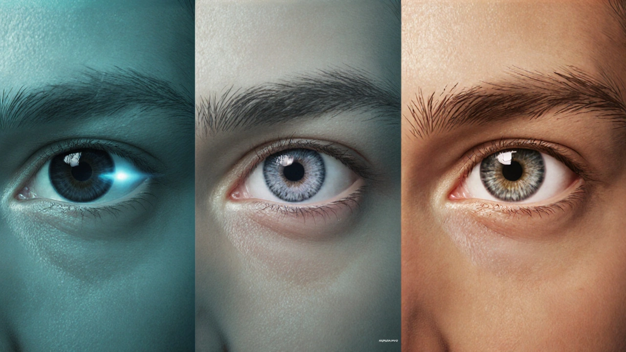 Series of five eyes showing varying pupil sizes from different dilation drops.