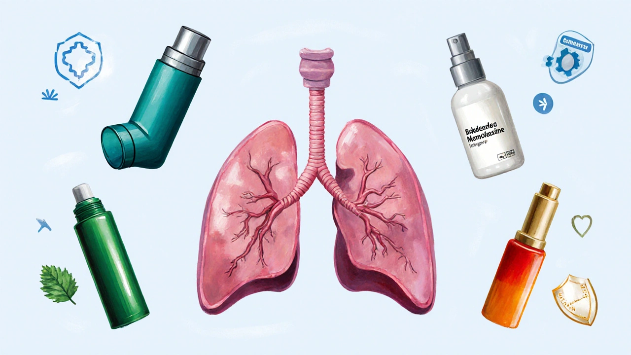 Six COPD medications displayed around stylized lungs with symbolic icons.
