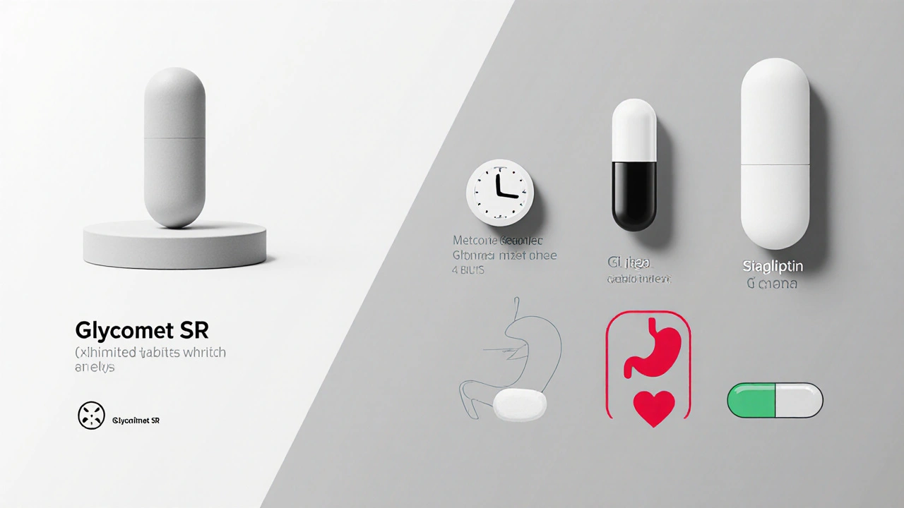 Split view comparing Glycomet SR tablet to other diabetes pills with icons.