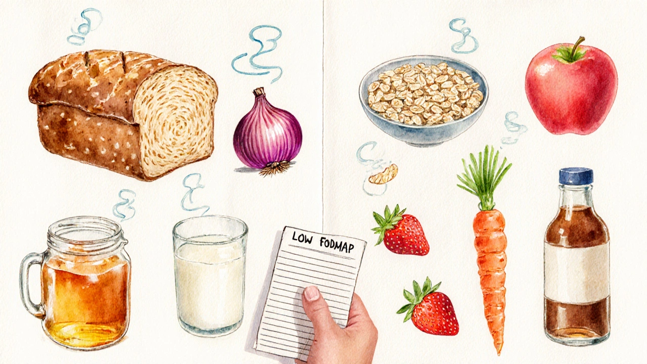 Split watercolor showing high‑FODMAP foods with gas bubbles left, low‑FODMAP alternatives right, plus a symptom journal.