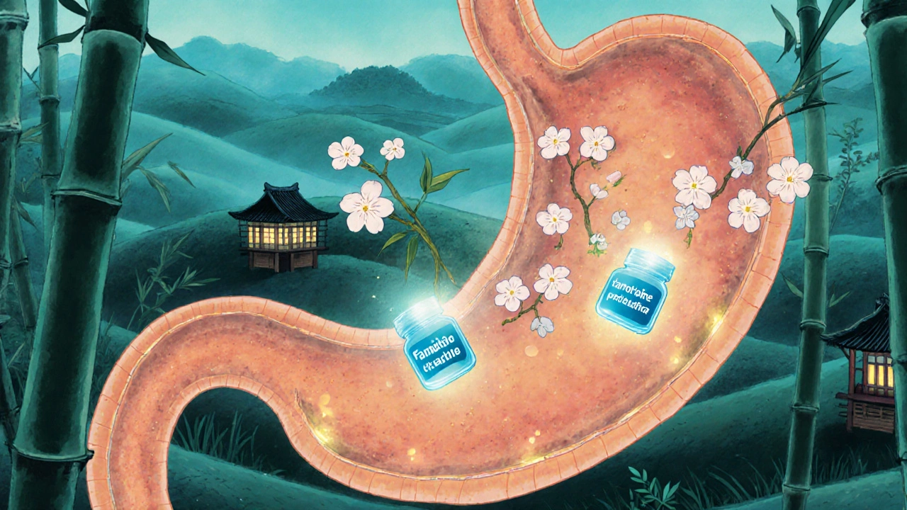 Stomach landscape with glowing blue tablets closing cherry blossom receptors.