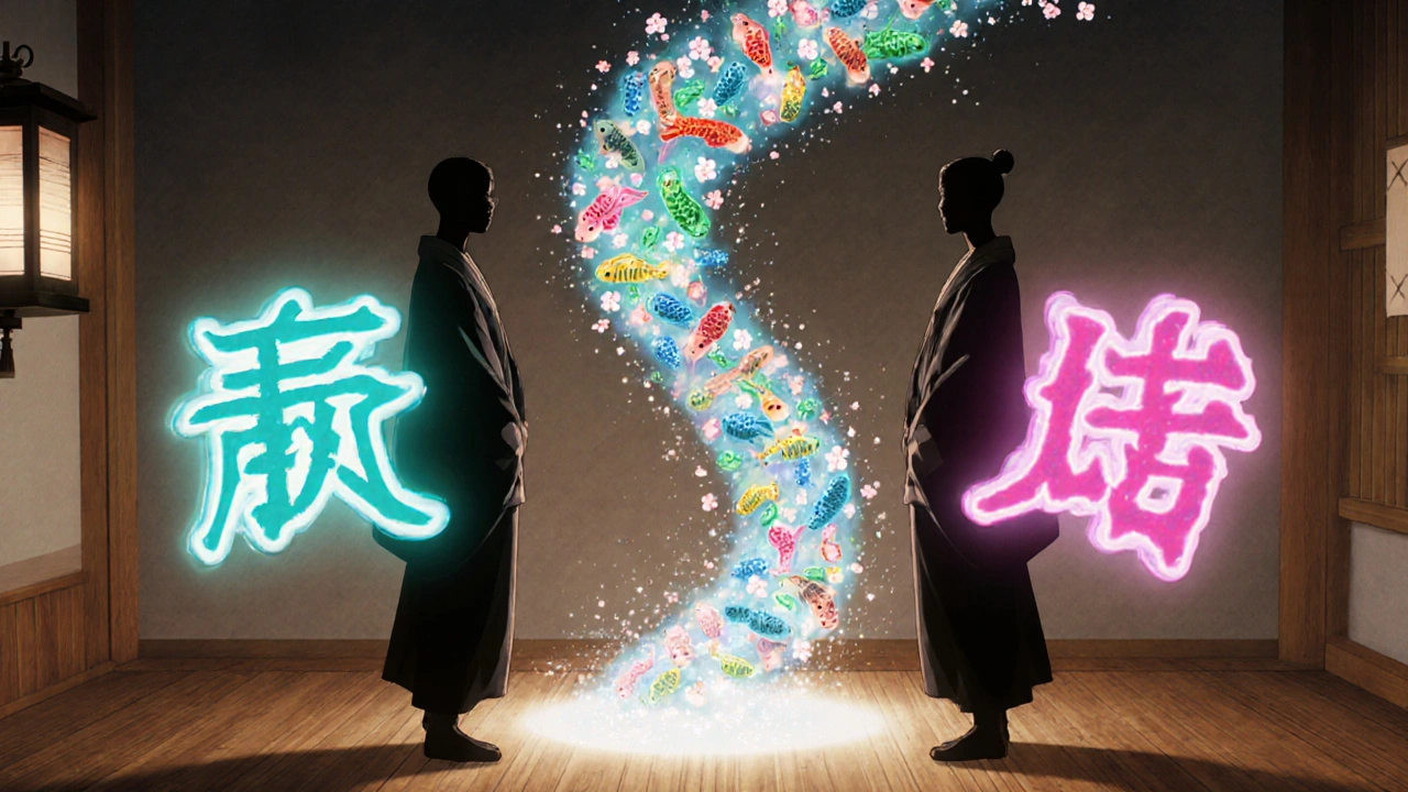 Twin silhouettes with floating gene symbols and swirling microbiome shapes against a wooden backdrop.