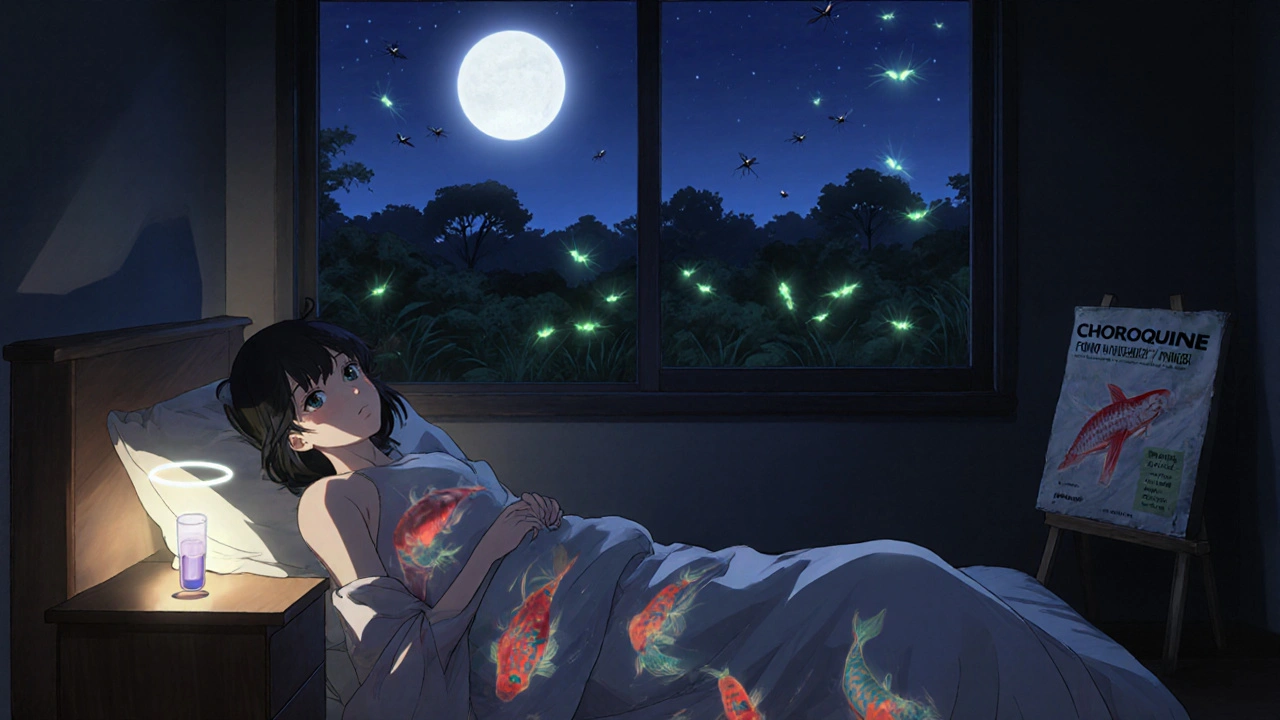 Woman in hospital bed with liver parasites like koi fish, single tafenoquine pill glowing beside her.