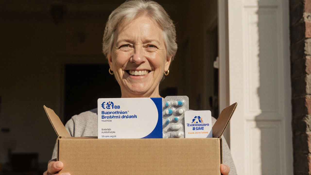 Woman opening a delivery box revealing a blister pack of generic bupropion tablets with subsidy card.