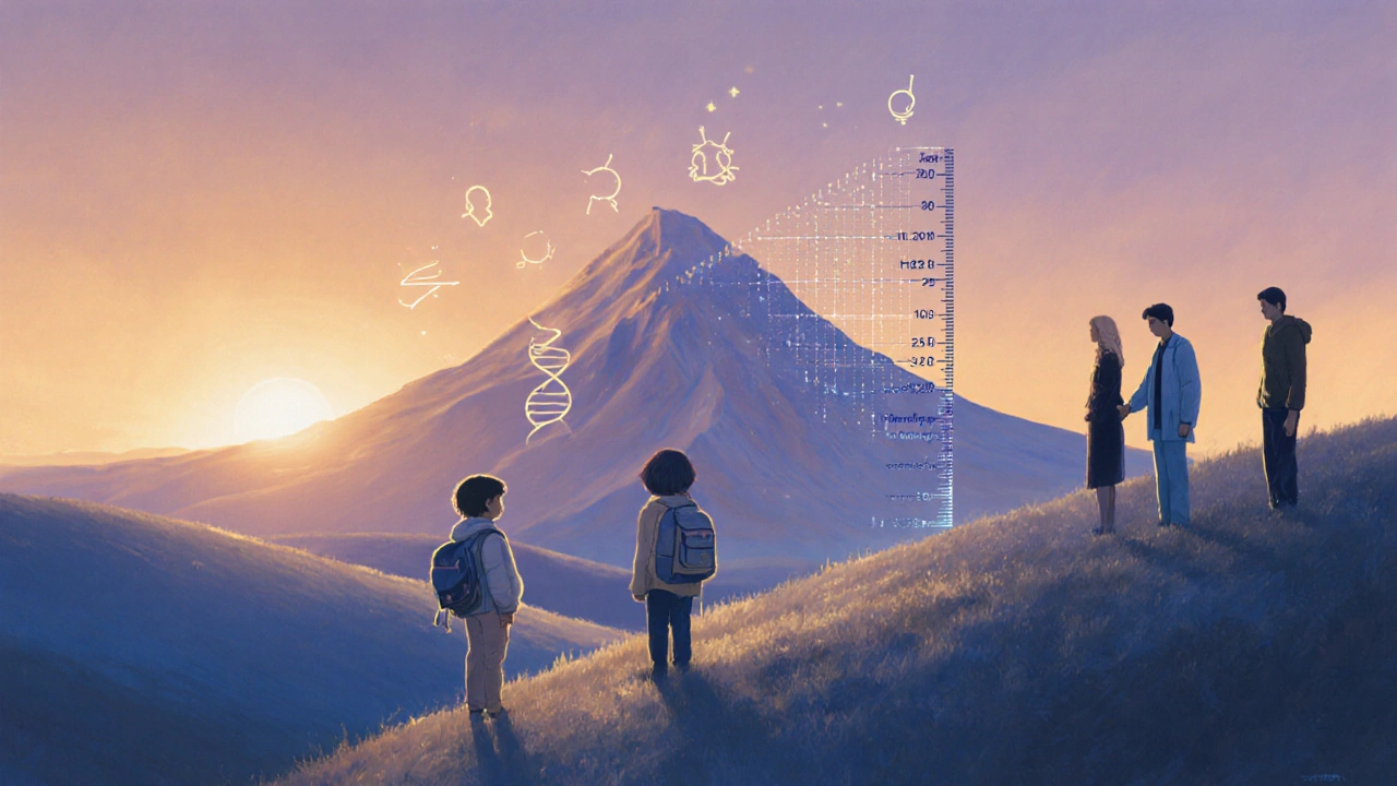 Young survivor on hill at sunrise, growth chart mountain, supportive figures.