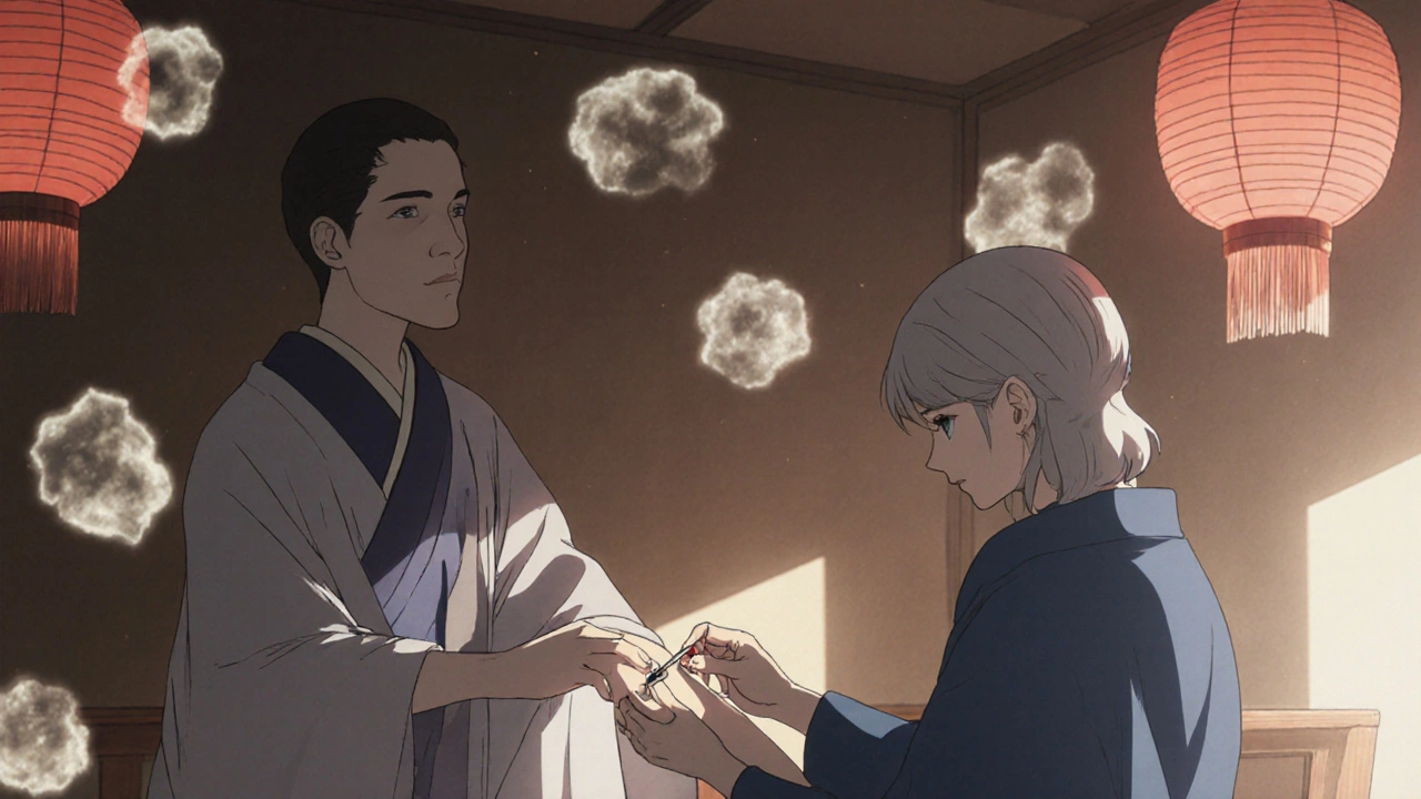 A doctor performs a penicillin skin test in a quiet clinic, with fading hives dissolving like ink clouds.