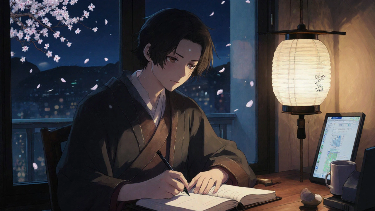 A German user writes in a journal as a digital interface fades away, symbolizing privacy and cultural comfort.