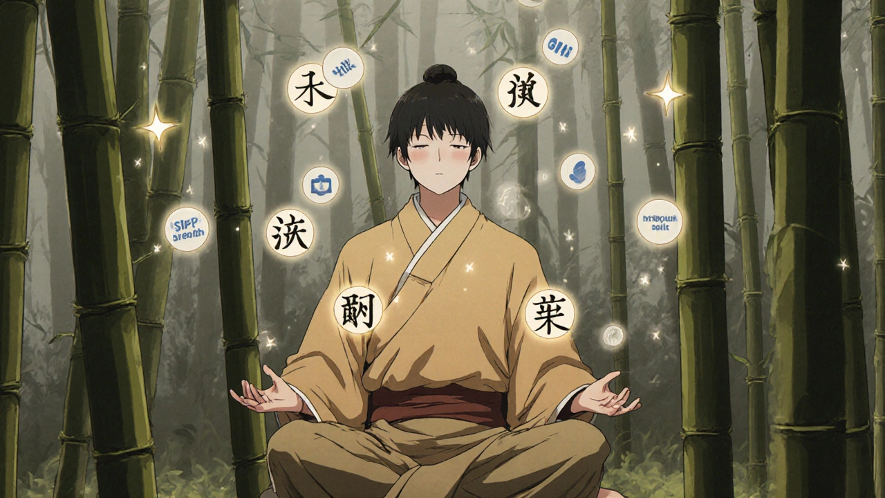 A meditative figure breathes in a bamboo grove, releasing glowing orbs that form calming kanji, with medication symbols as distant stars.
