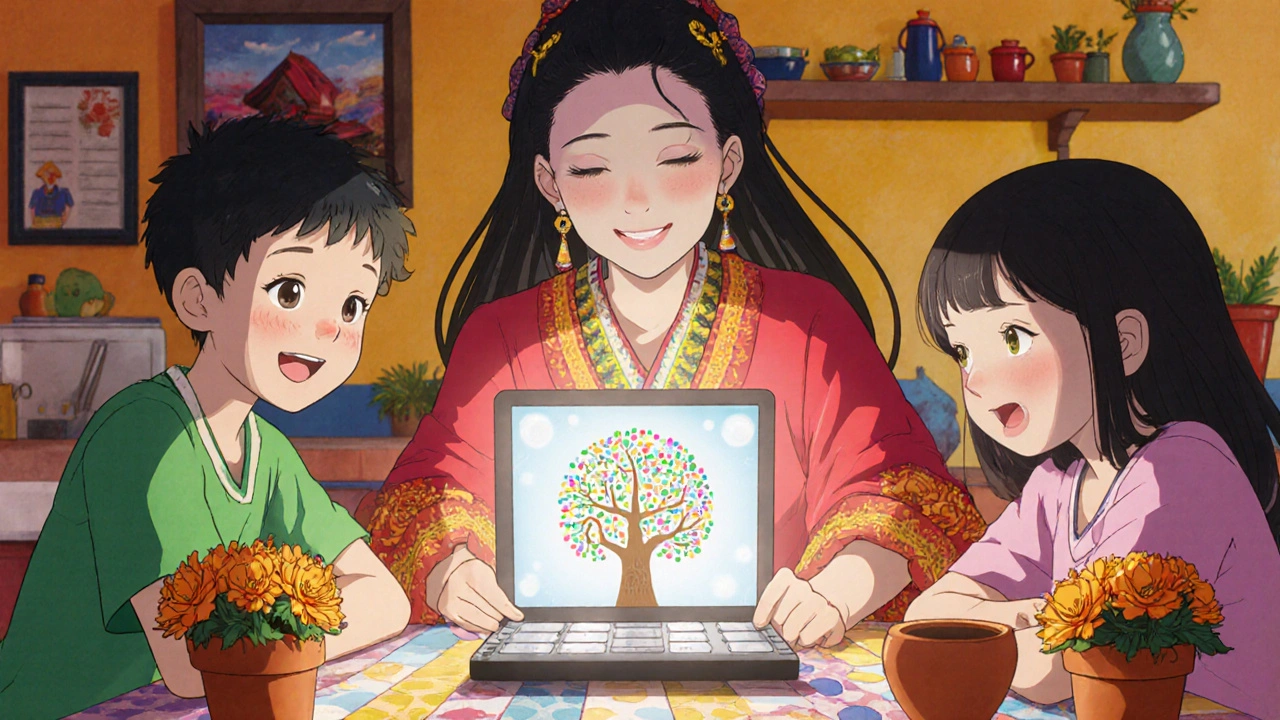 A Mexican family celebrates collective health goals through a gentle, glowing family chart in their kitchen.