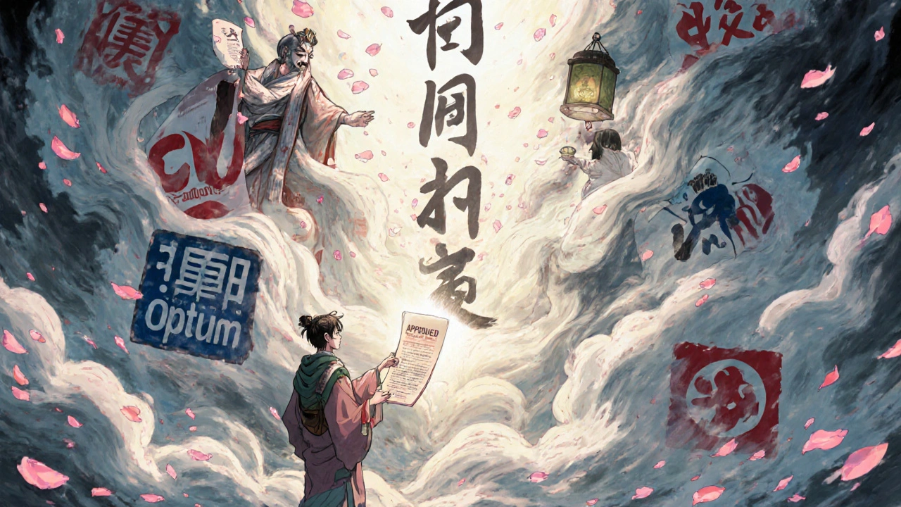 A patient battles a PBM deity with a prescription scroll as their doctor’s spirit offers a guiding lantern.