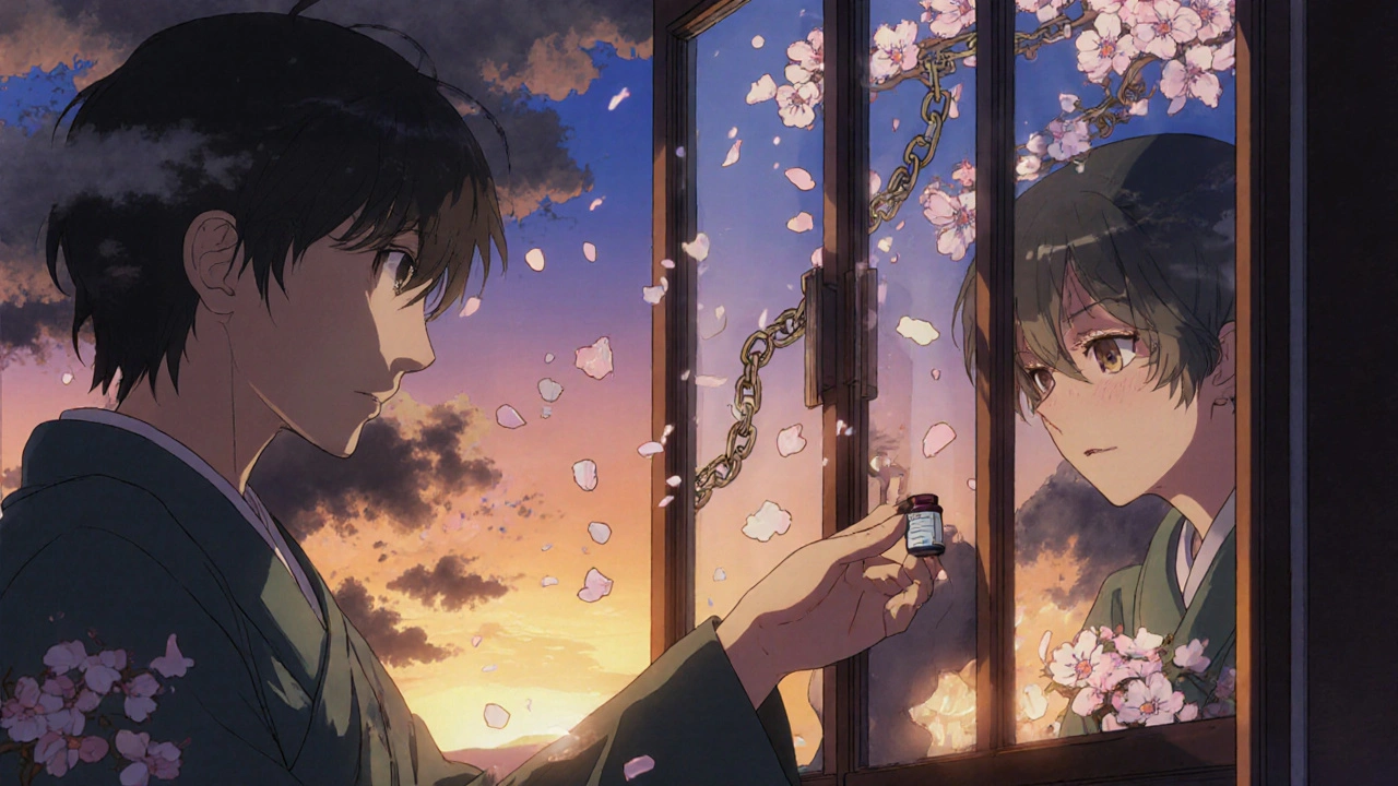 A person at dawn holding a pill as emotional shadows turn into blooming petals.