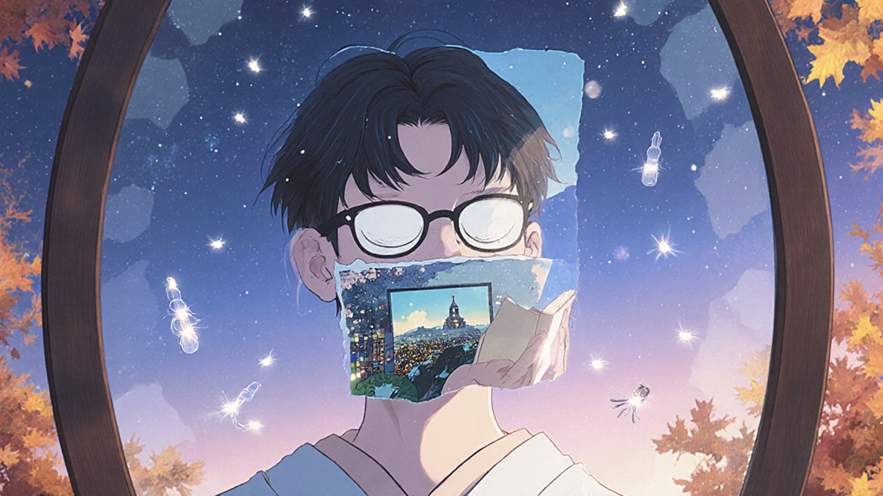 A person in a mirror with three visual zones overlapping their face, symbolizing progressive lens technology.