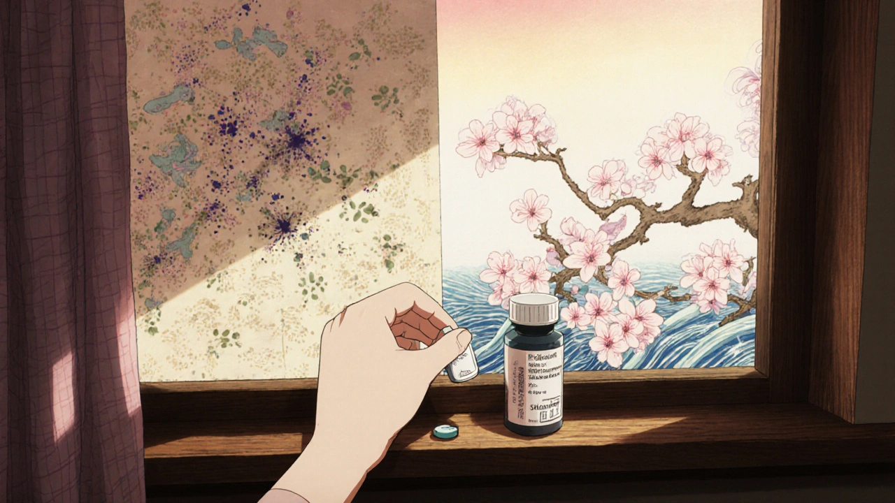 A probiotic capsule placed beside antibiotics on a windowsill at dawn, with visual timelines of destruction and healing in the background.